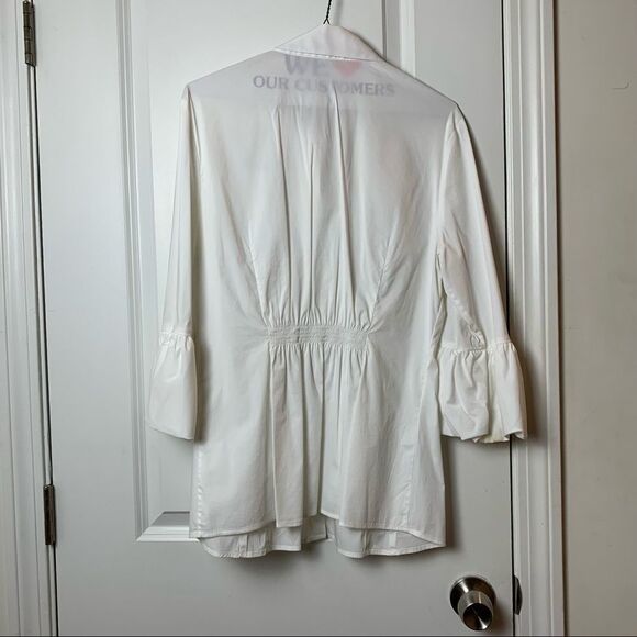 BCBG Maxazria White 3/4 Sleeve Button-Down with Ruffles Sleeves Size Large - Picture 8 of 9